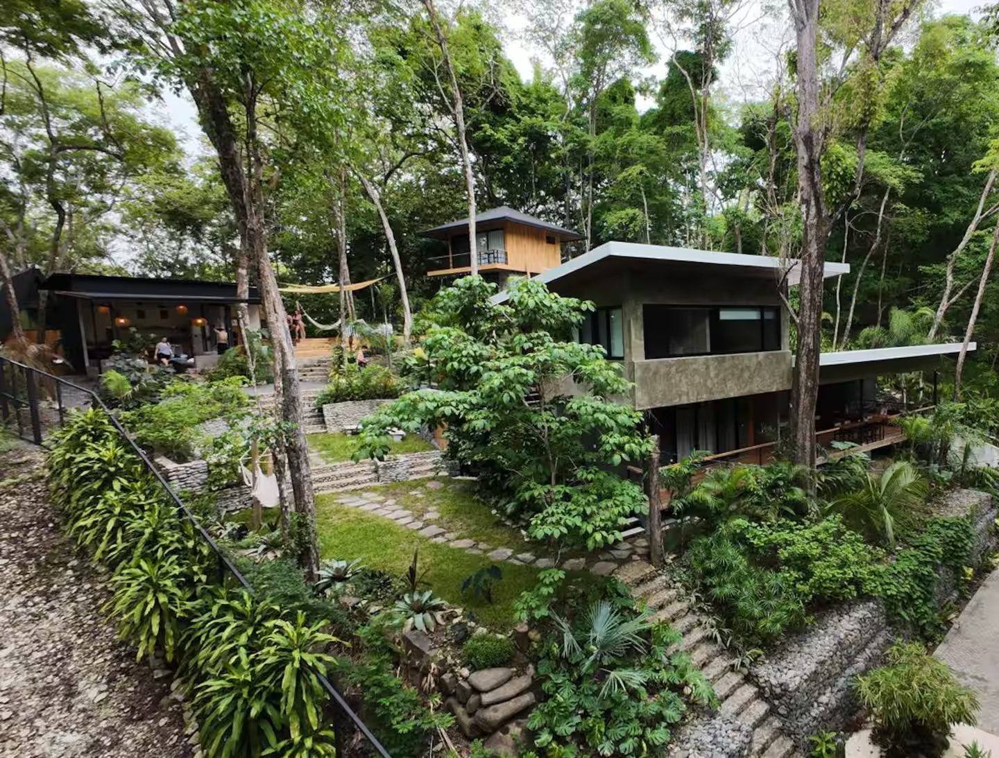 Aerial view of the resort nested in the jungle canopy
